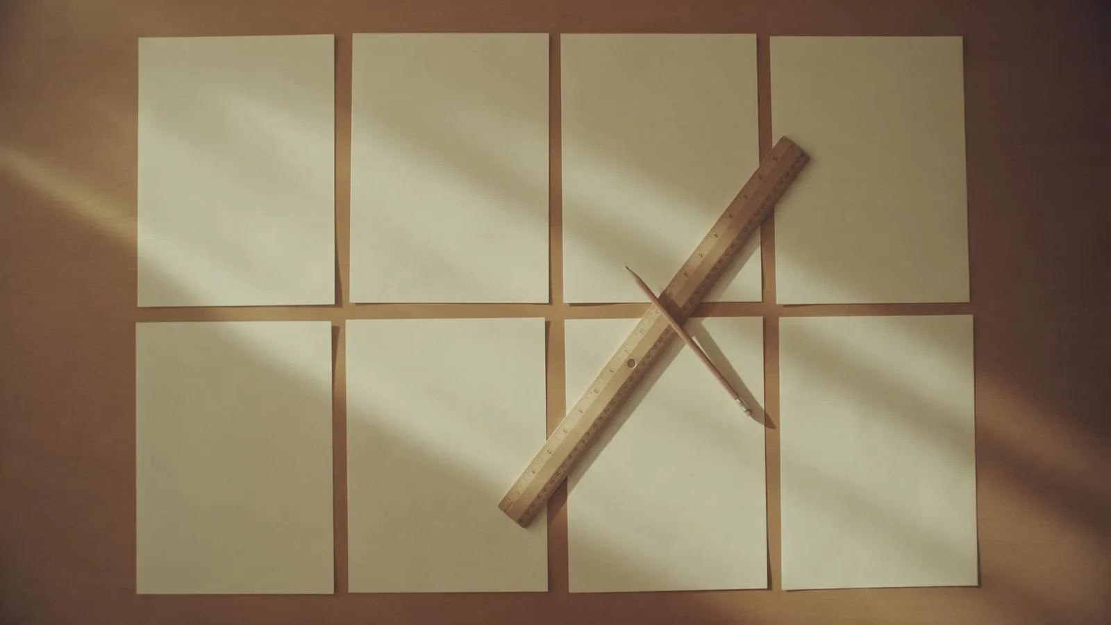 Sieben Blätter Papier im Raster mit Lineal und Bleistift