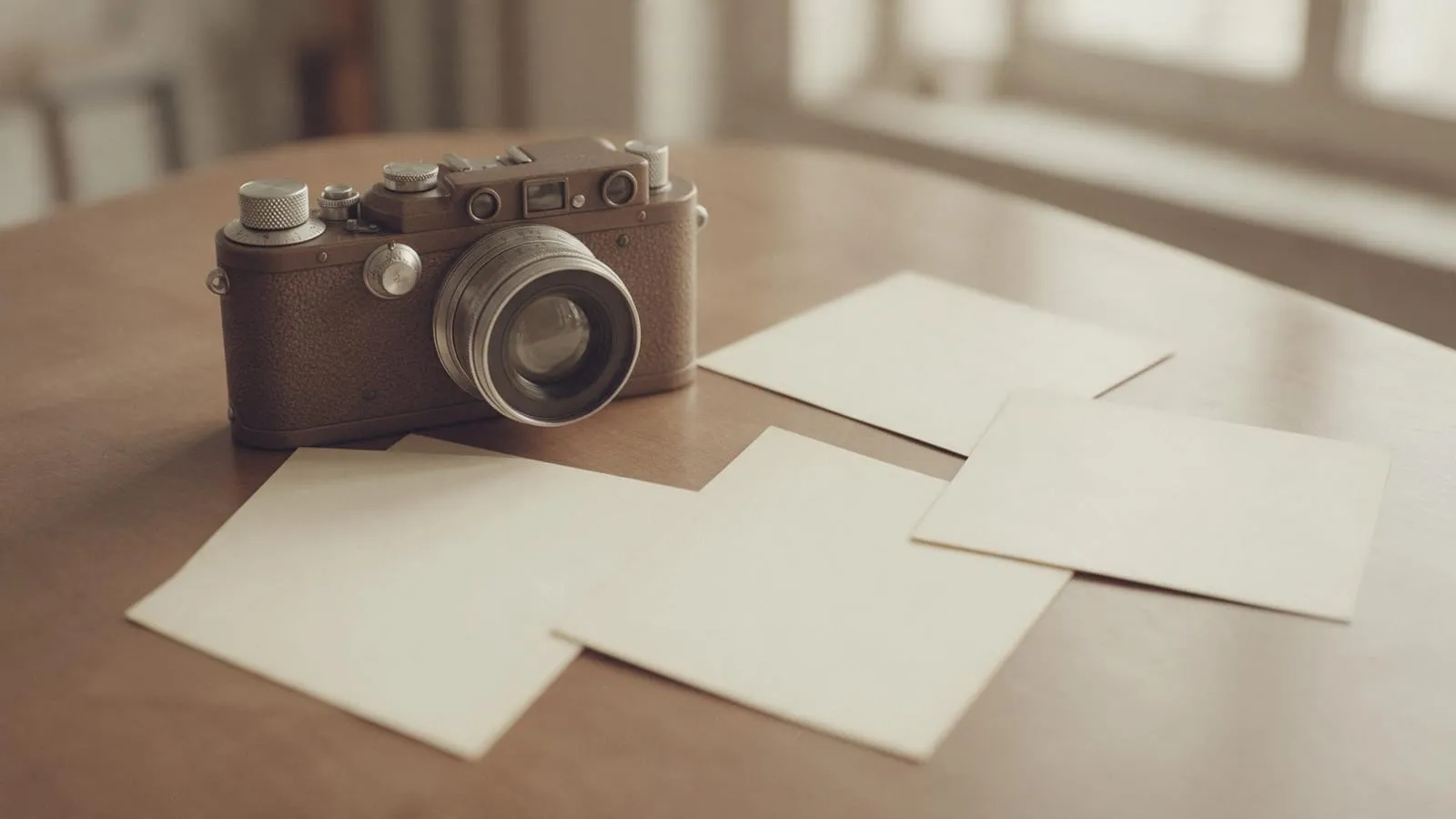 Alte Filmkamera mit drei leeren Fotoabzügen auf einem Holztisch